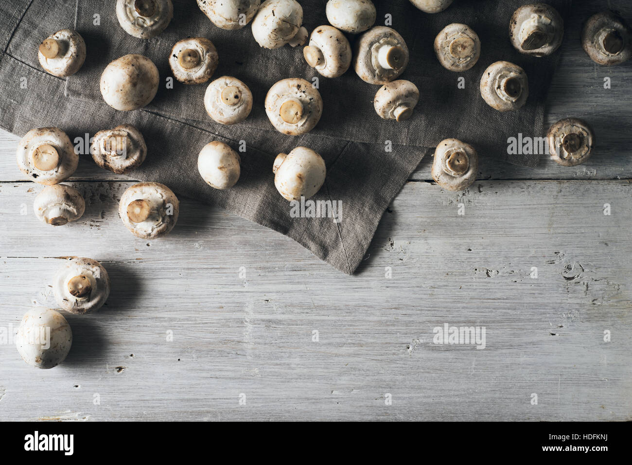 Pilze auf dem horizontalen weißen Holztisch Stockfoto