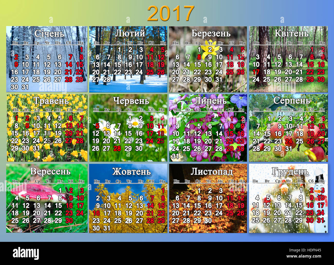 Kalender für das Jahr 2017 mit Angabe nationale Feiertage in der Ukraine mit Foto der Natur für jeden Monat Stockfoto