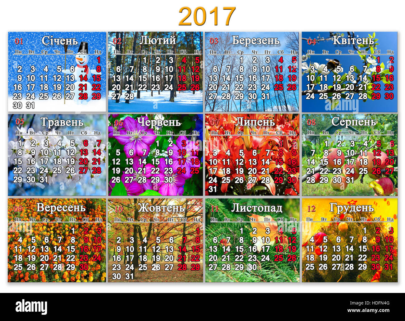 Kalender für das Jahr 2017 in ukrainischer Sprache mit Foto der Natur für jeden Monat Stockfoto