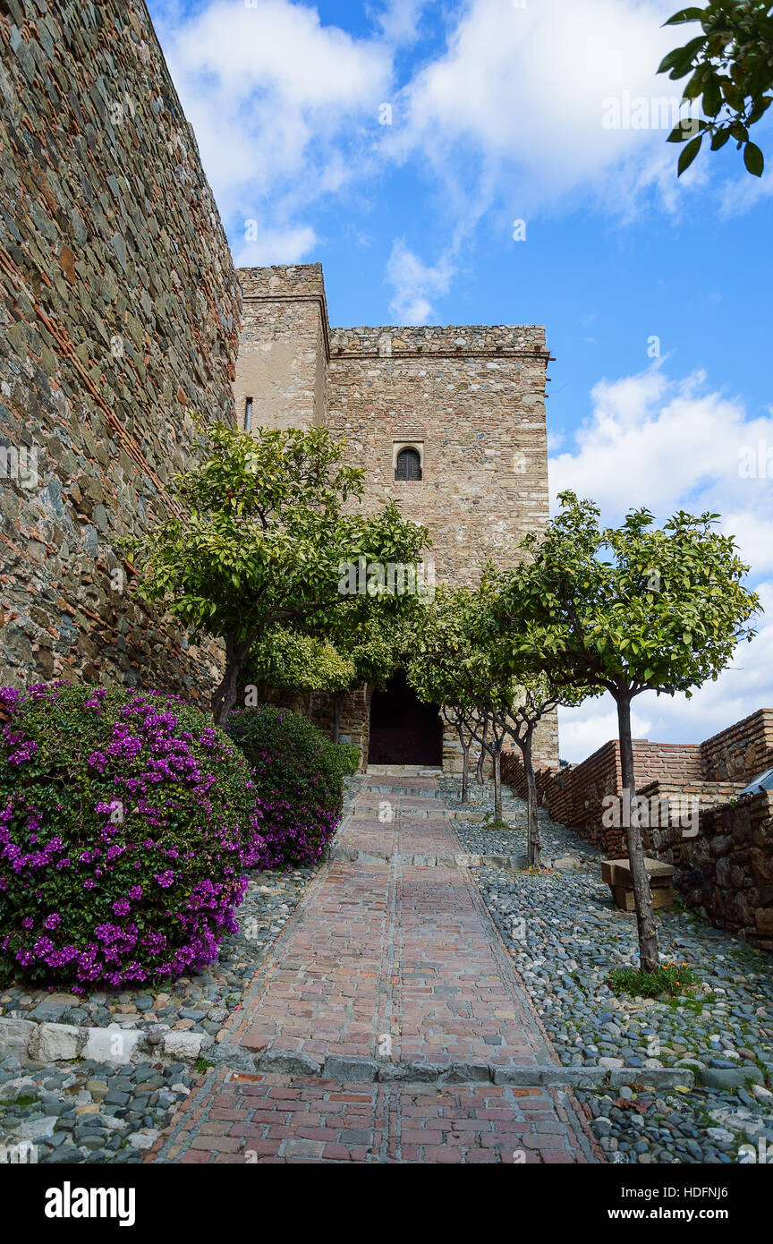 Türme der Alcazaba mit Orangenbäumen und Blumen in der Nähe von Burg Gibralfaro - Málaga in Andalusien, Spanien Stockfoto