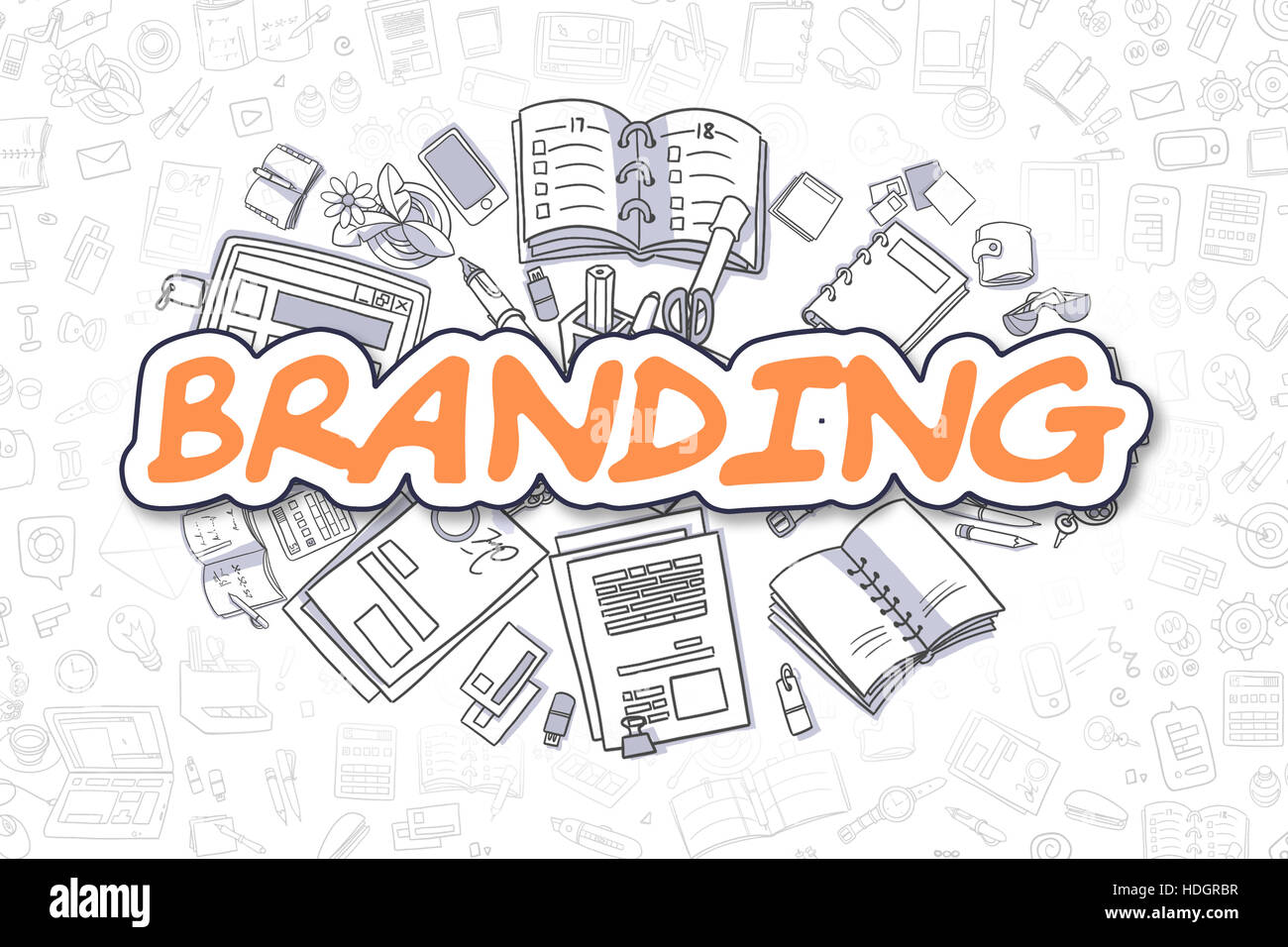 Branding Doodle Darstellung Orange Inschrift und Briefpapier von Cartoon Symbole umgeben. Geschäftskonzept für Web-Banner und Drucksachen. Stockfoto