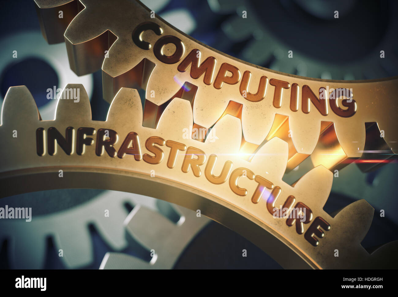 Computing-Infrastruktur am Mechanismus der goldene metallische Zahnräder mit Leuchteffekt. Goldene Zahnräder mit Computing-Infrastruktur-Konzept. 3D-Rendering. Stockfoto