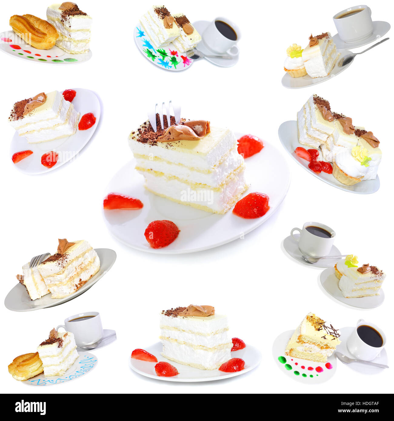 Sammlung-verschiedene Kuchen auf Teller mit Früchten, auch. Isoliert Stockfoto