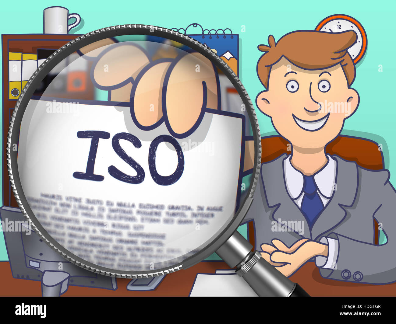 ISO - internationale Organisation Standardisierung. Officeman hält ein Papier mit Konzept durch Lupe. Multicolor Modern Line Illustrati Stockfoto