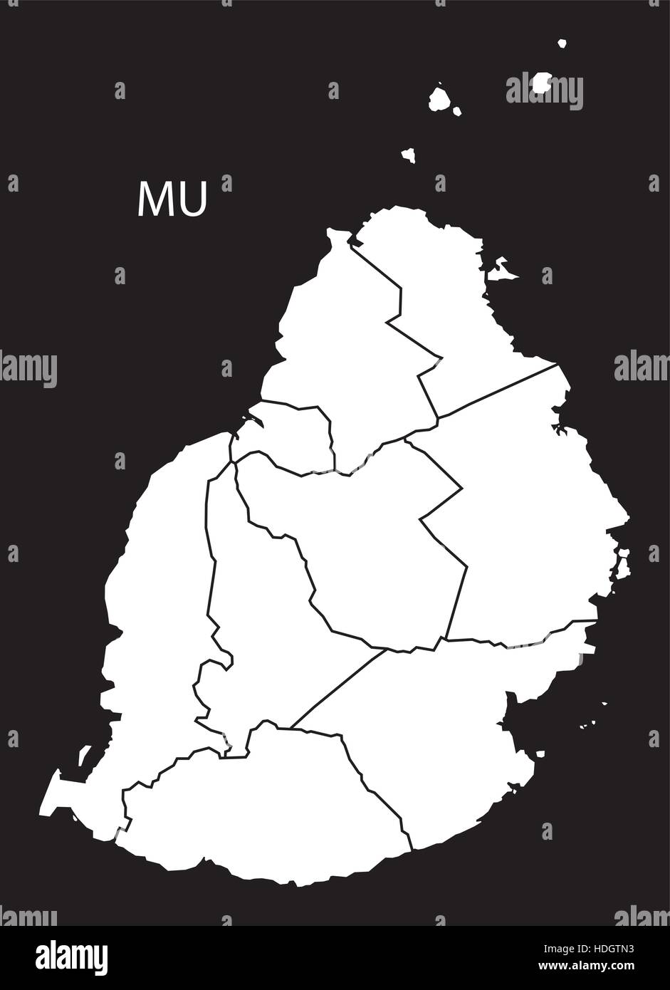 Mauritius Bezirke Karte schwarz / weiß Darstellung Stock Vektor