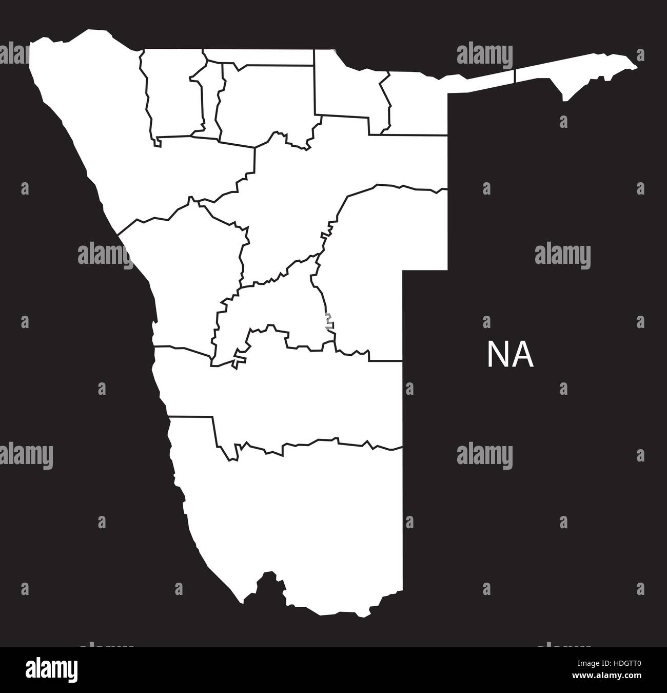 Namibia Regionen Karte schwarz / weiß Darstellung Stock Vektor