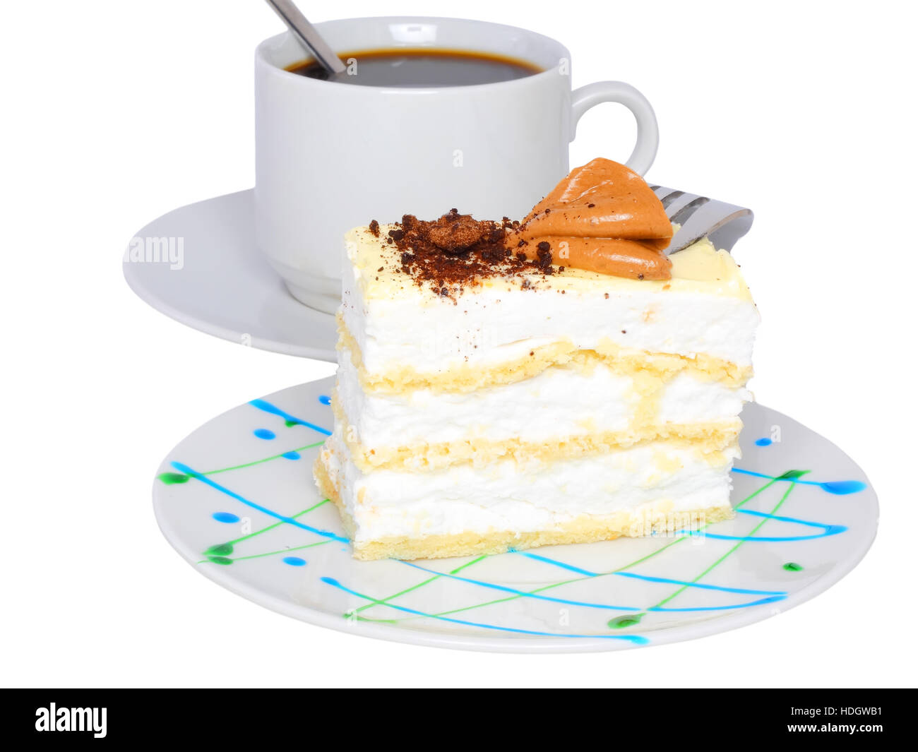 Biskuit und auf originelle Dekoration Teller mit Tasse Kaffee. Isoliert  Stockfotografie - Alamy
