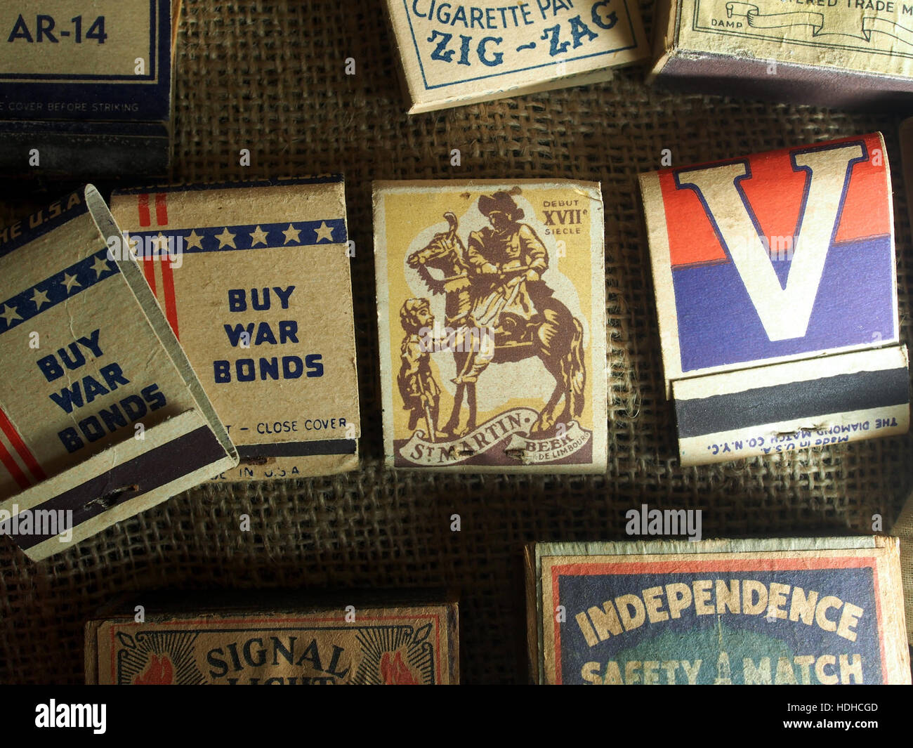 Streichholzschachteln des 2. Weltkrieges, Museumswinter 1944 in Gingelom Stockfoto