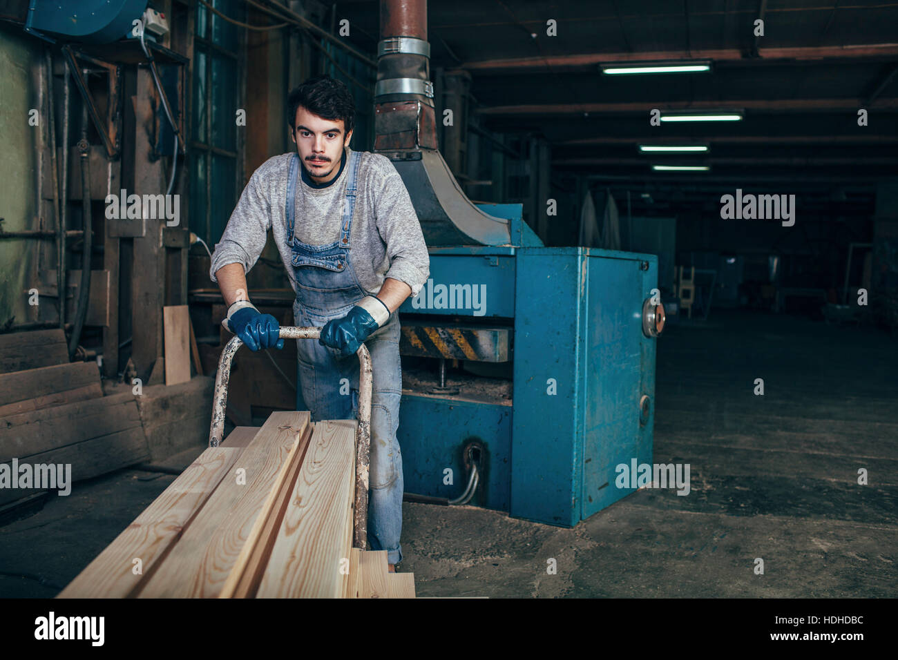 Zimmermann, Stapel von Holzplatten auf Wagen in Werkstatt schieben Stockfoto