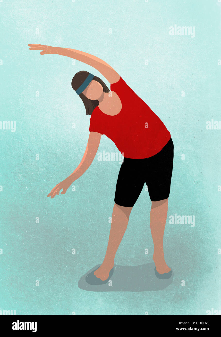 Vektor-Bild der Frau, die Dehnung beim Üben von Yoga vor blauem Hintergrund Stockfoto