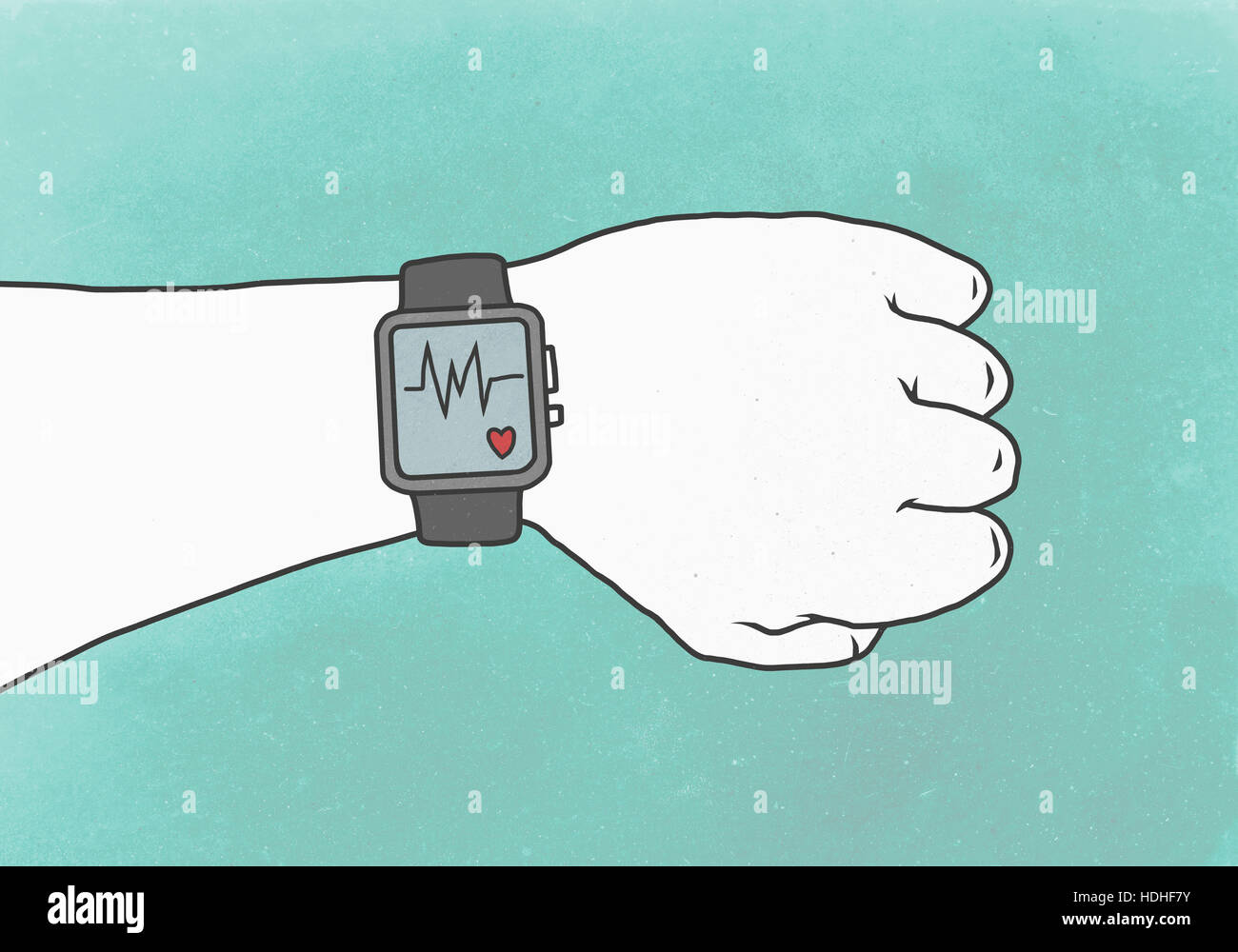 Illustration der Hand tragen Smartwatch mit Pulslinie, gesunde Lebensweise darstellt Stockfoto
