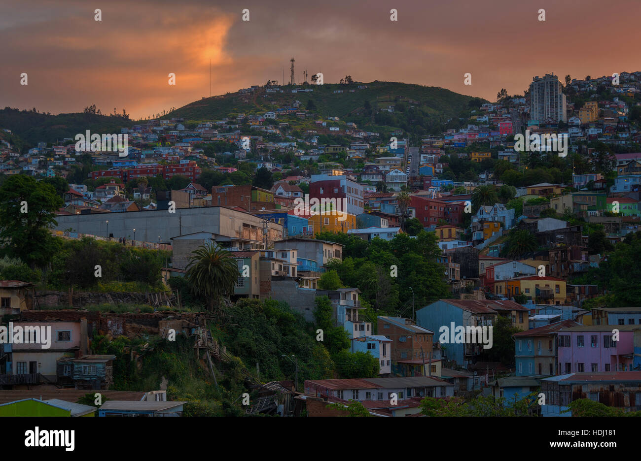 Sonnenuntergang in Valparaiso, Chile. Stockfoto