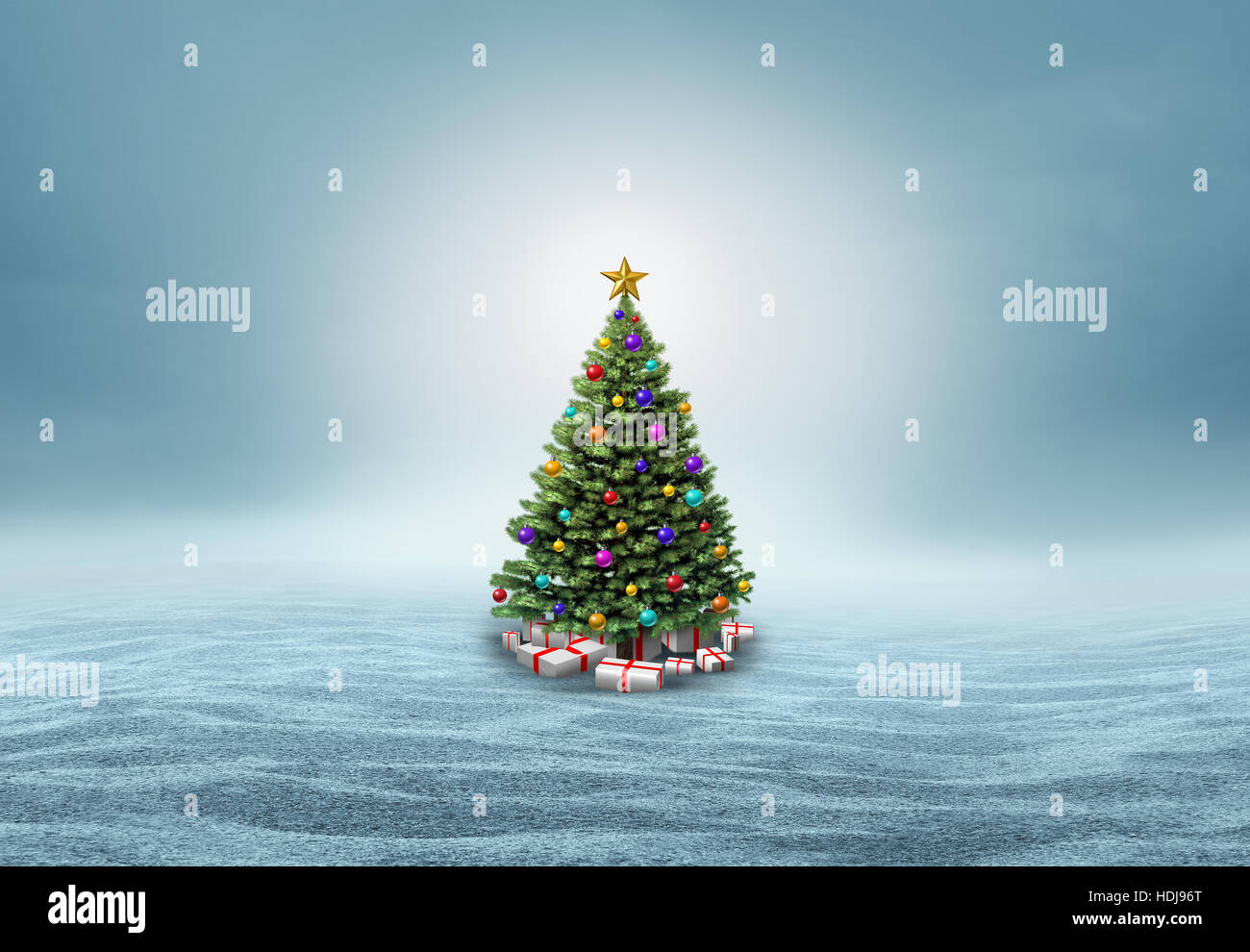 Weihnachtsbaum in einem Schnee-Hintergrund mit textfreiraum als einen festlichen Winterurlaub und Neujahrsgrüße mit 3D Abbildung Elemente. Stockfoto