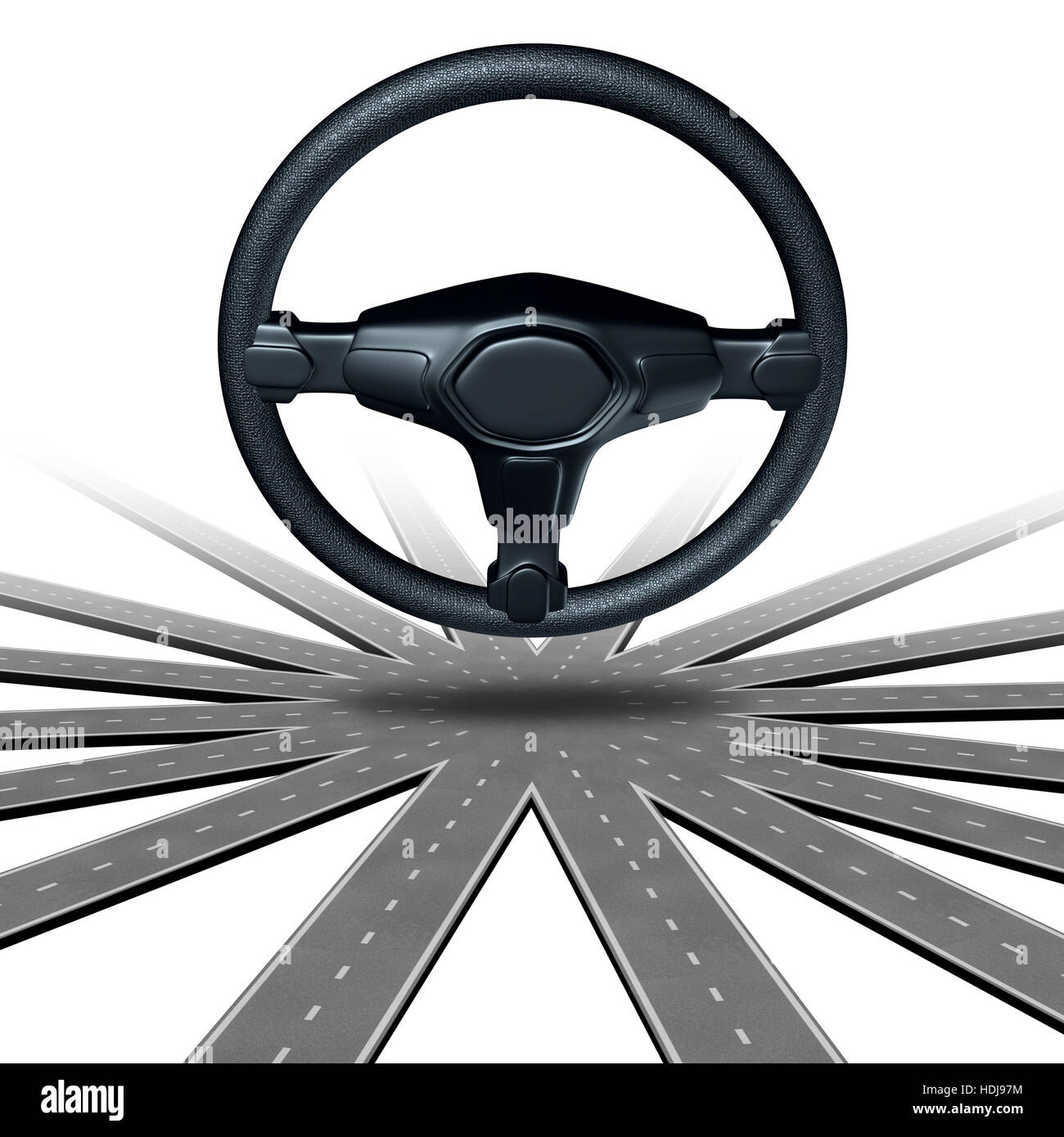 Selbstfahrer Auto-Konzept und autonomen Road transport oder fahrerlose Auto Symbol als ein Lenkrad auf einer mehrere Richtung Autobahn als eine Stockfoto