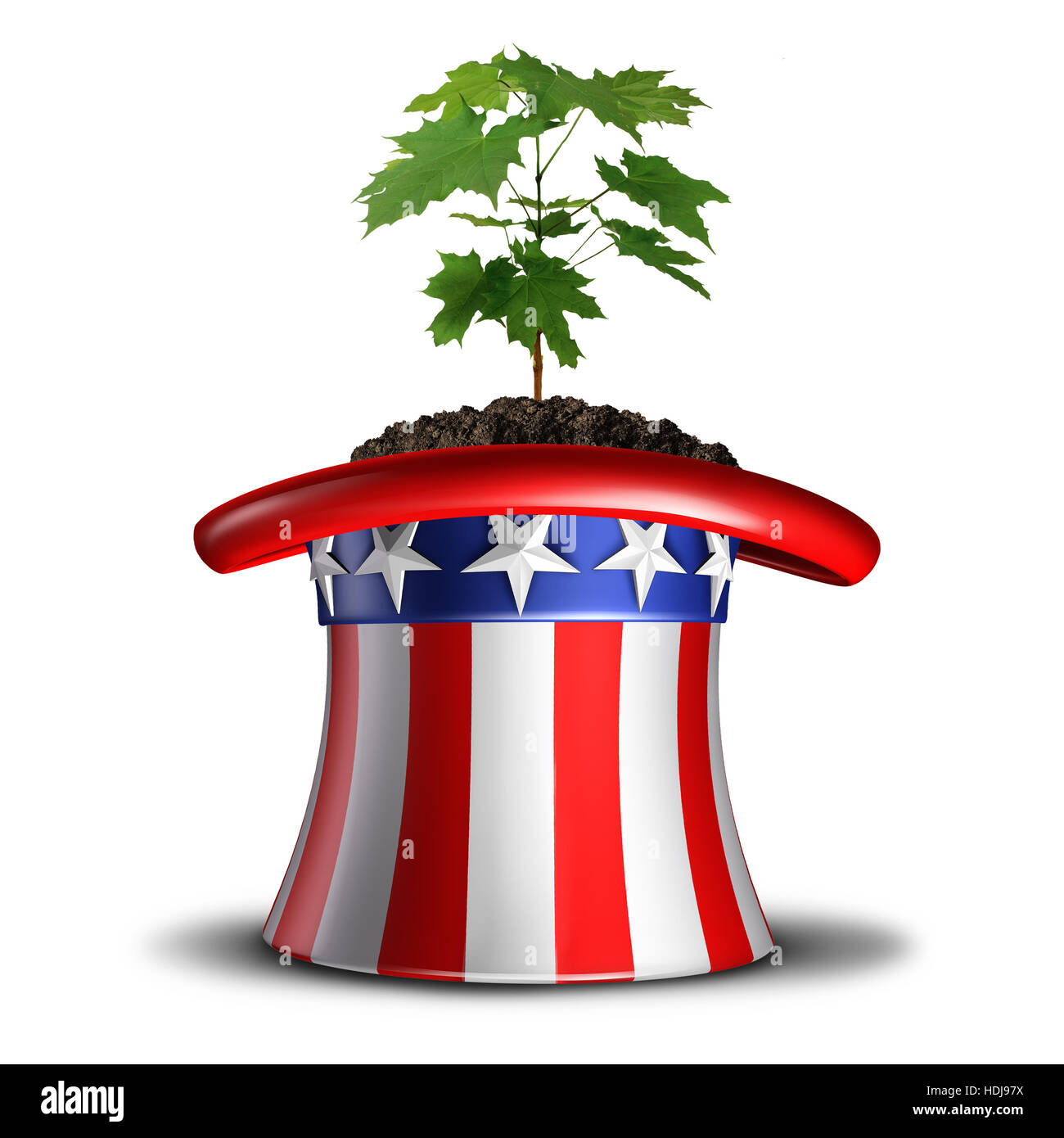 Konzept des amerikanischen Wachstums und investieren Sie in die USA Idee oder sozialen Sicherheit in Amerika Symbol als ein Baum Bäumchen wächst in einer Flagge unter dem Motto Hut mit 3D Stockfoto