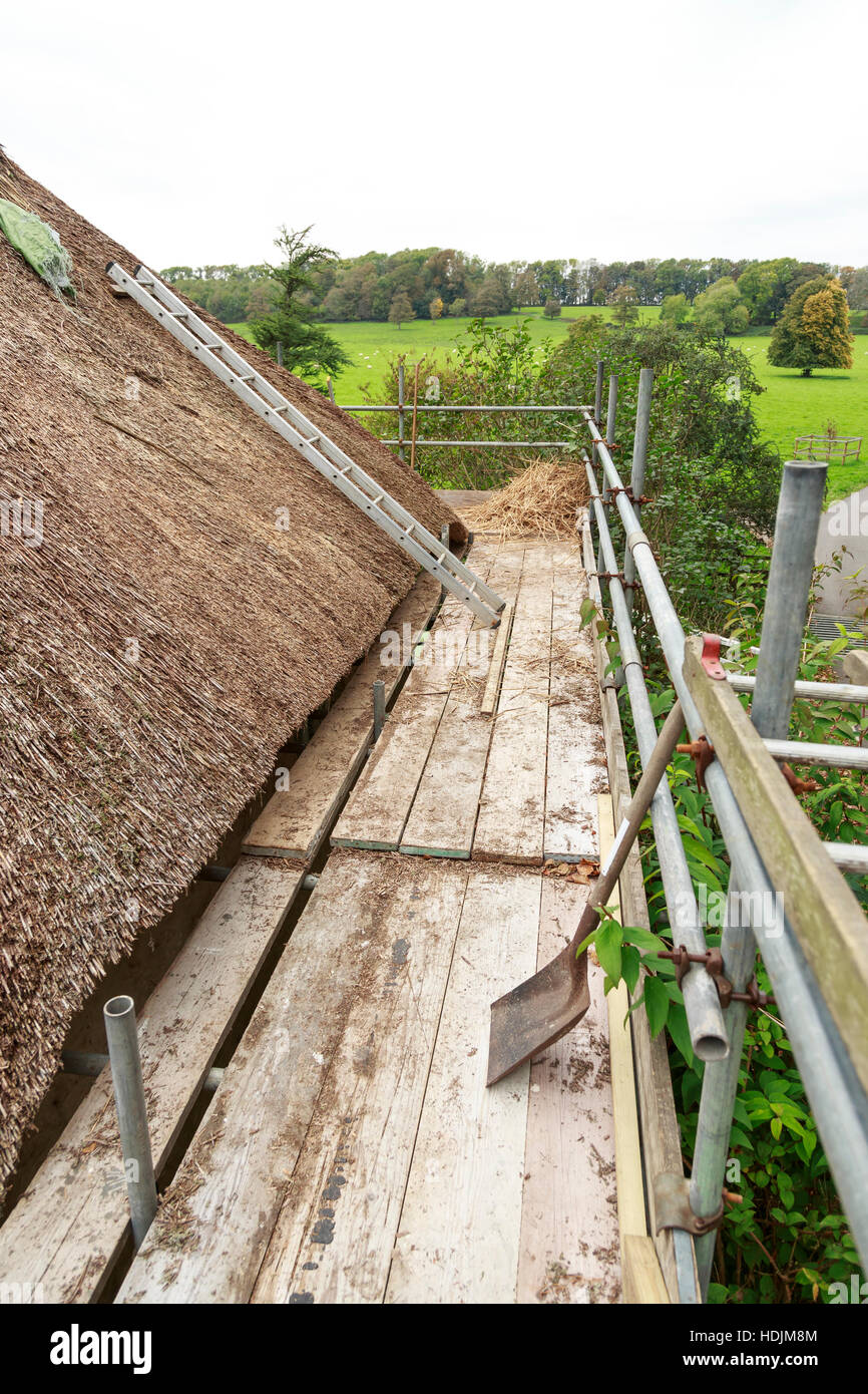 thatched Dach verwittert und getragen mit Gerüst für die Reparatur Stockfoto