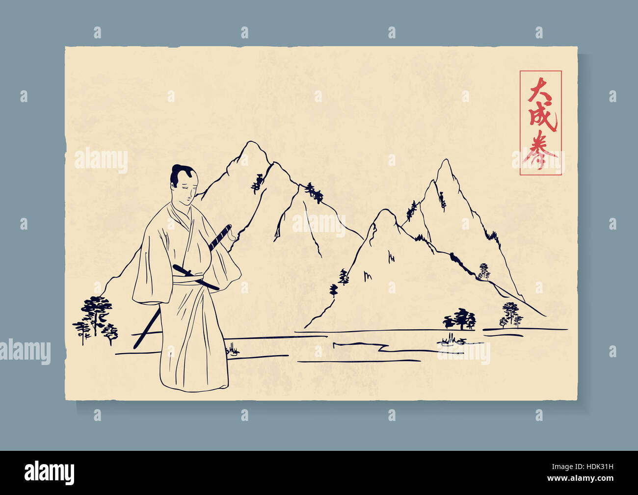 Samurai und Berge im Hintergrund, Abbildung. Stockfoto