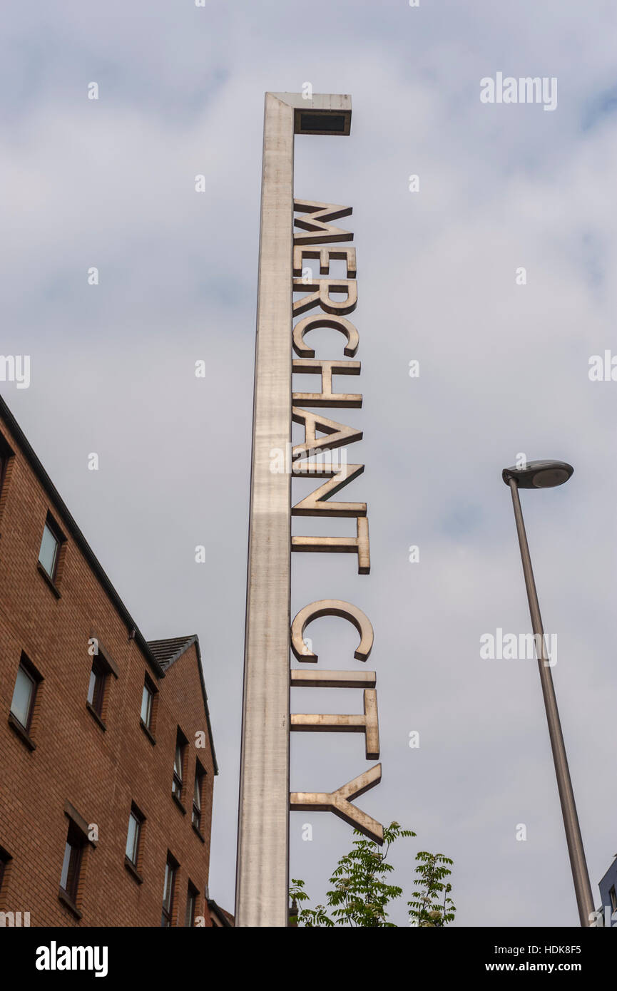 Merchant City Zeichen in Glasgow. Stockfoto