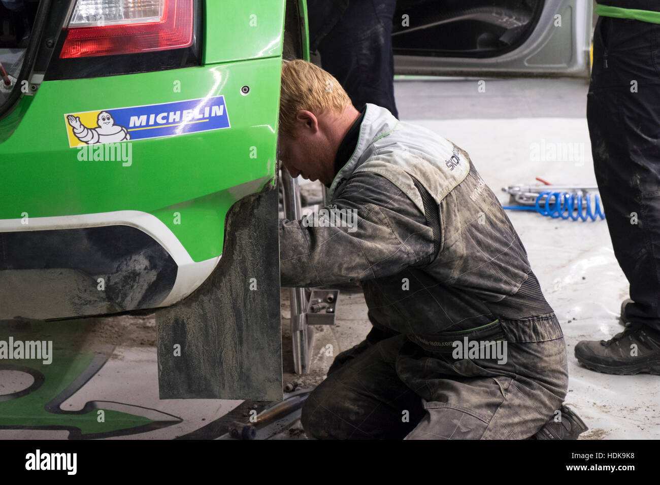 Rallye-Auto und Mechanik Stockfoto