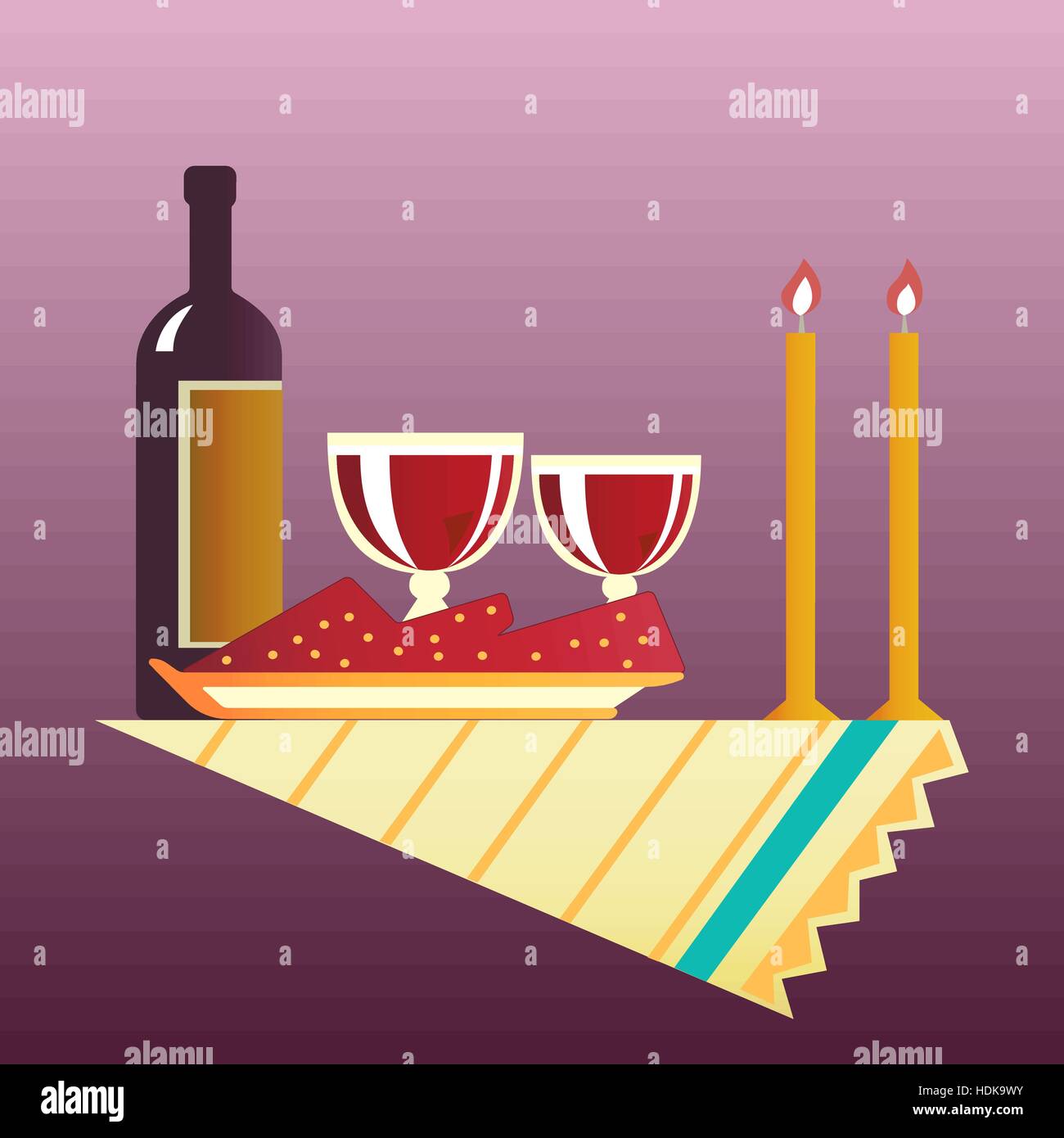Flachen Stil Tisch für zwei Personen mit Tuch, Gläser, Flasche Wein und zwei brennende Kerzen. Vektor-Illustration. Stock Vektor