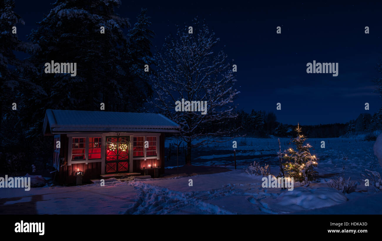 Nebenberuflich Blick auf die verschneiten Gartenhaus mit dem beleuchteten Weihnachtsbaum im Hintergrund ein schneebedecktes Feld von Wald umgeben Stockfoto