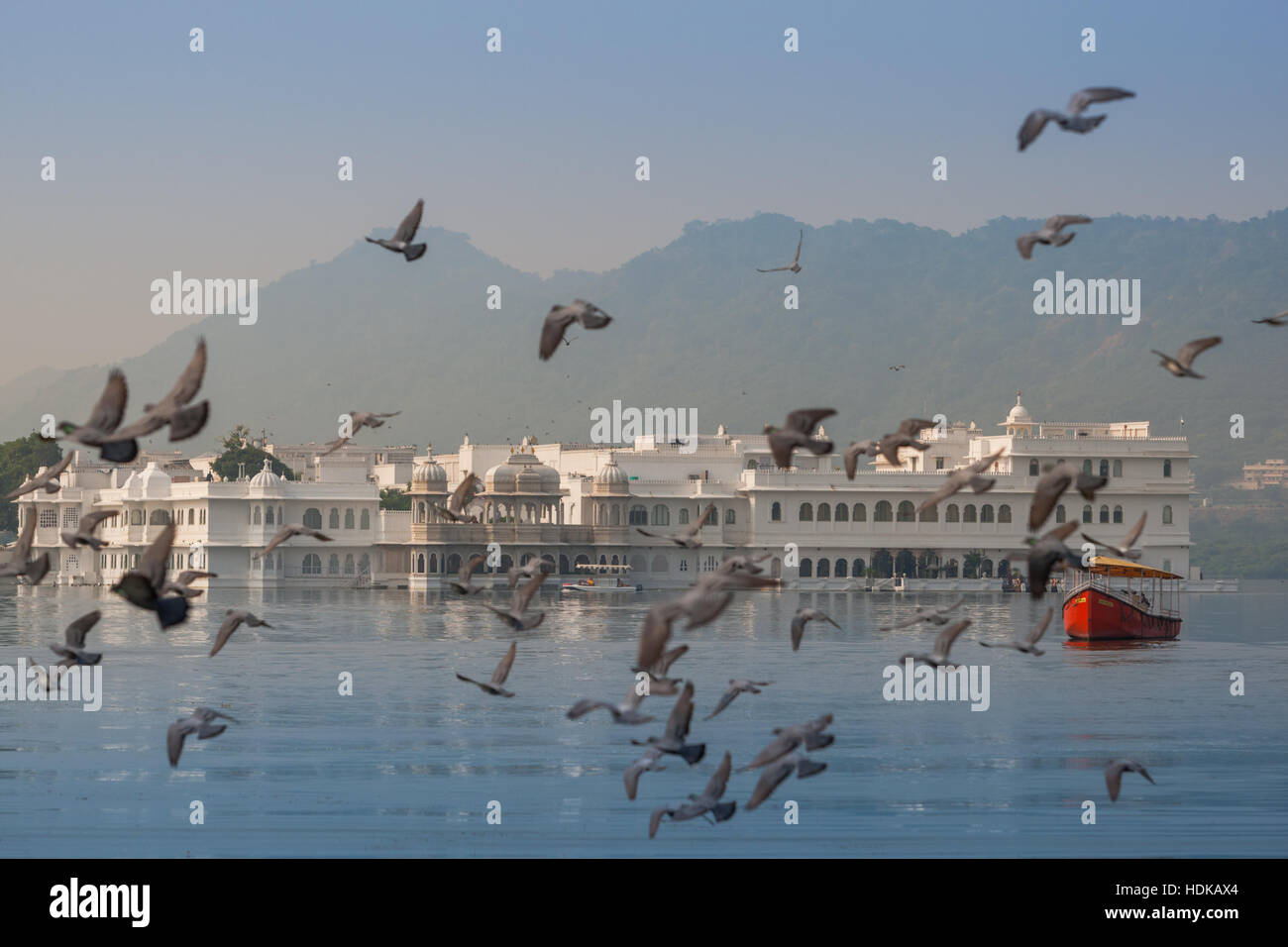 Udaipur Lake Palace, Udaipur, Rajasthan, Indien mit Tauben im Flug Stockfoto