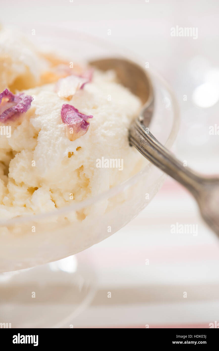 Holunderblüten-Eis mit kandierten Rosenblättern. Hausgemachtes Dessert serviert in Glasschale. Stockfoto