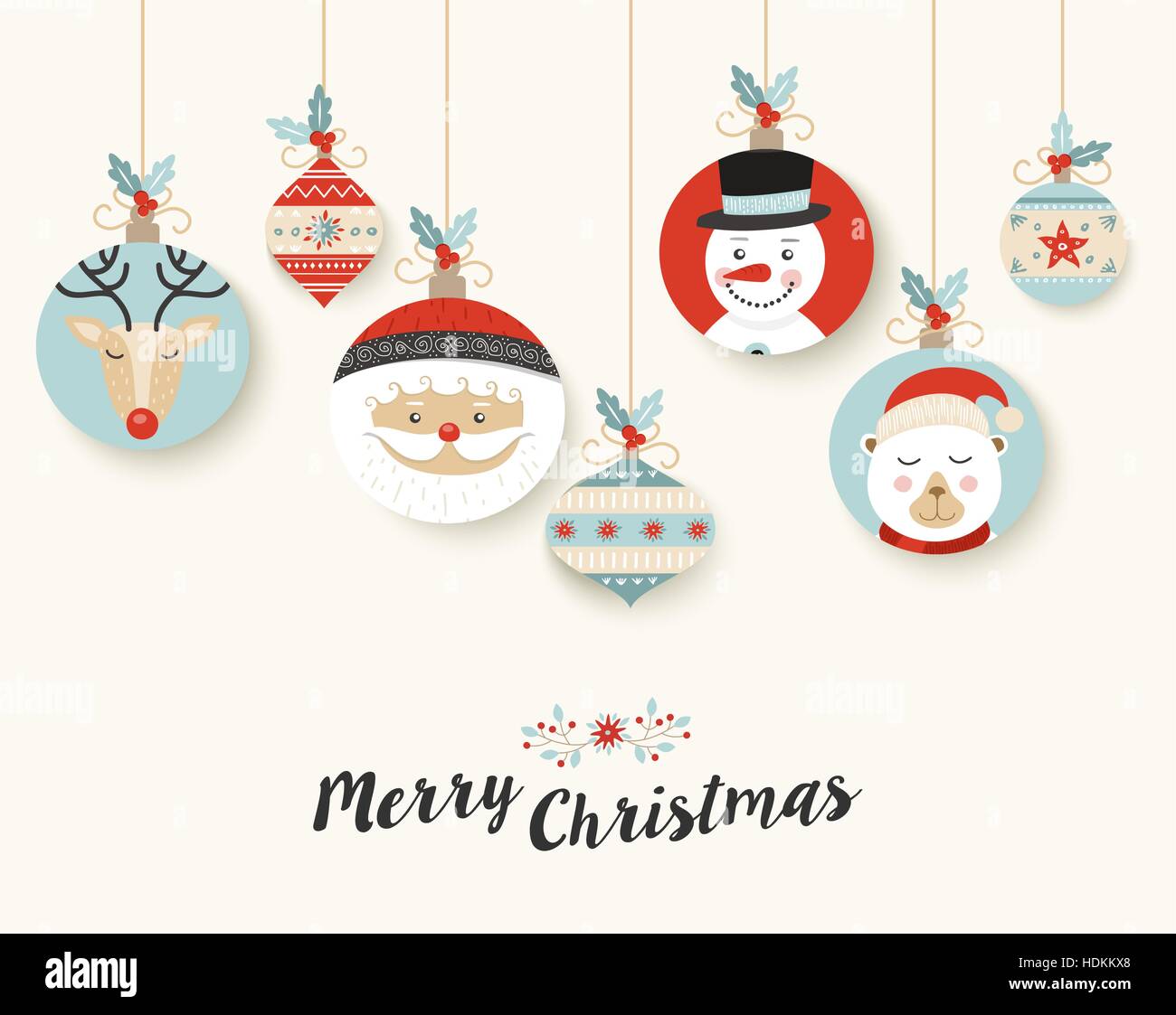 Frohe Weihnachten-Design mit Retro-Urlaub Dekoration. Santa Claus, Rehe, Schneemann und Bär Kugeln hängen. EPS10 Vektor. Stock Vektor Frohe Weihnachten-Design mit Retro-Urlaub Dekoration. Santa Claus, Rehe, Schneemann und Bär Kugeln hängen. EPS10 Vektor. Stock Vektor