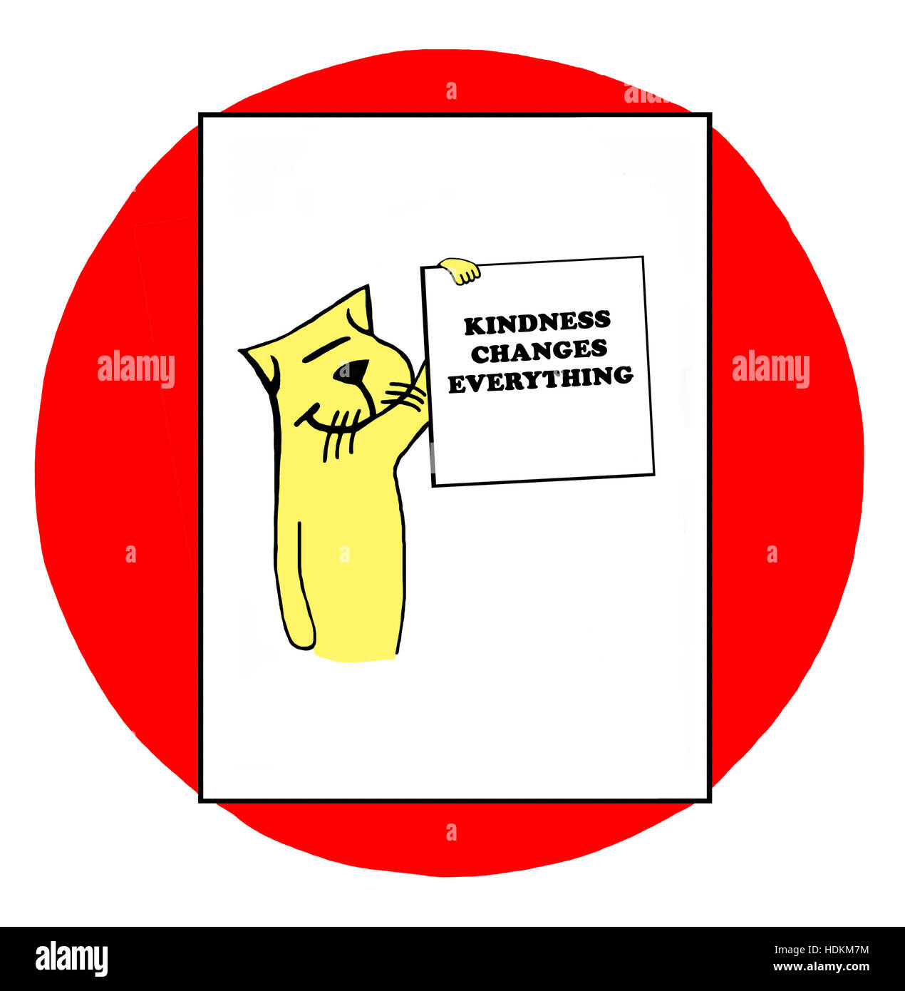 Farbigen Illustration einer gelben Katze mit einem Schild "Freundlichkeit ändert alles". Stockfoto