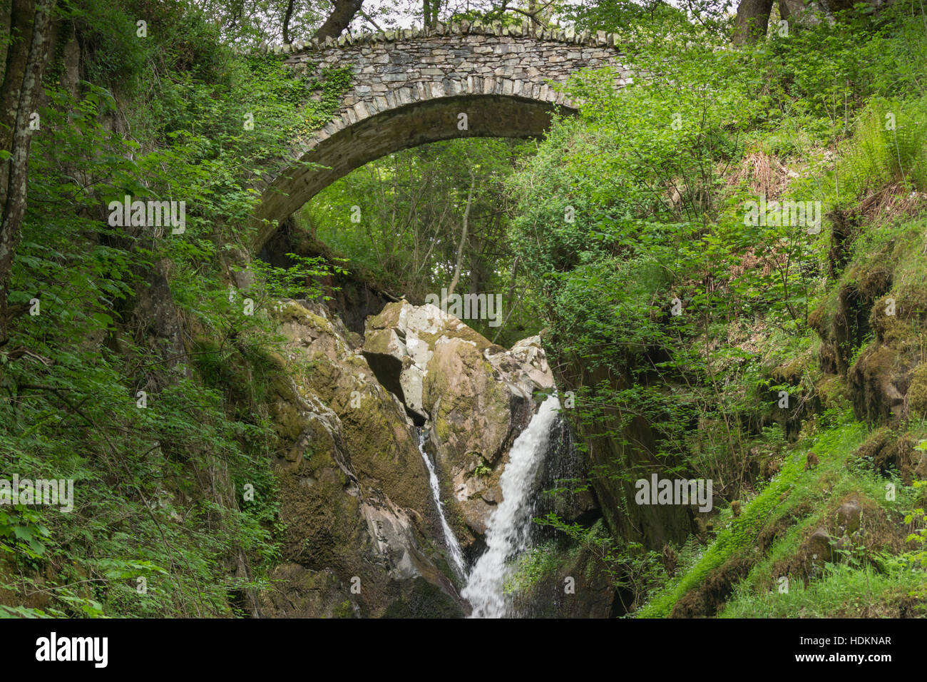 Bogenbrücke über Wasserfall im Lake District. Stockfoto