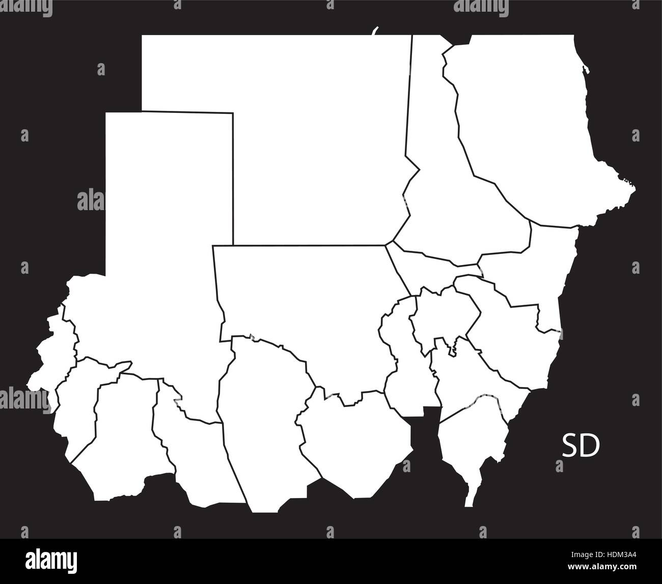 Sudan mit Staaten Karte schwarz-weiß-Abbildung Stock Vektor