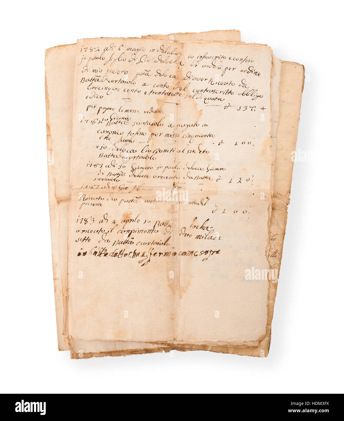 Vintage Buchstaben Stack isoliert auf weißem Hintergrund Stockfoto