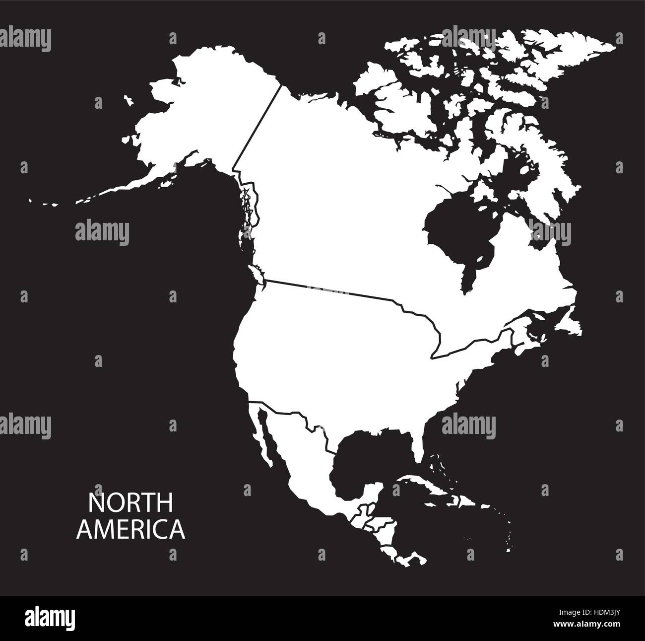 Nordamerika mit Länder-Karte schwarz-weiß-Abbildung Stock Vektor