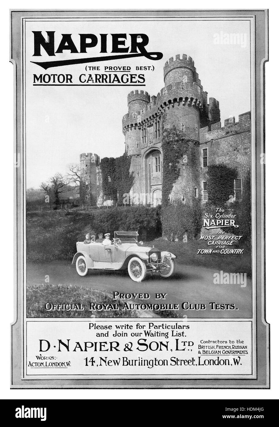 1917 britische Werbung für Kraftfahrzeuge Napier, fotografiert in Herstmonceux Castle, East Sussex Stockfoto