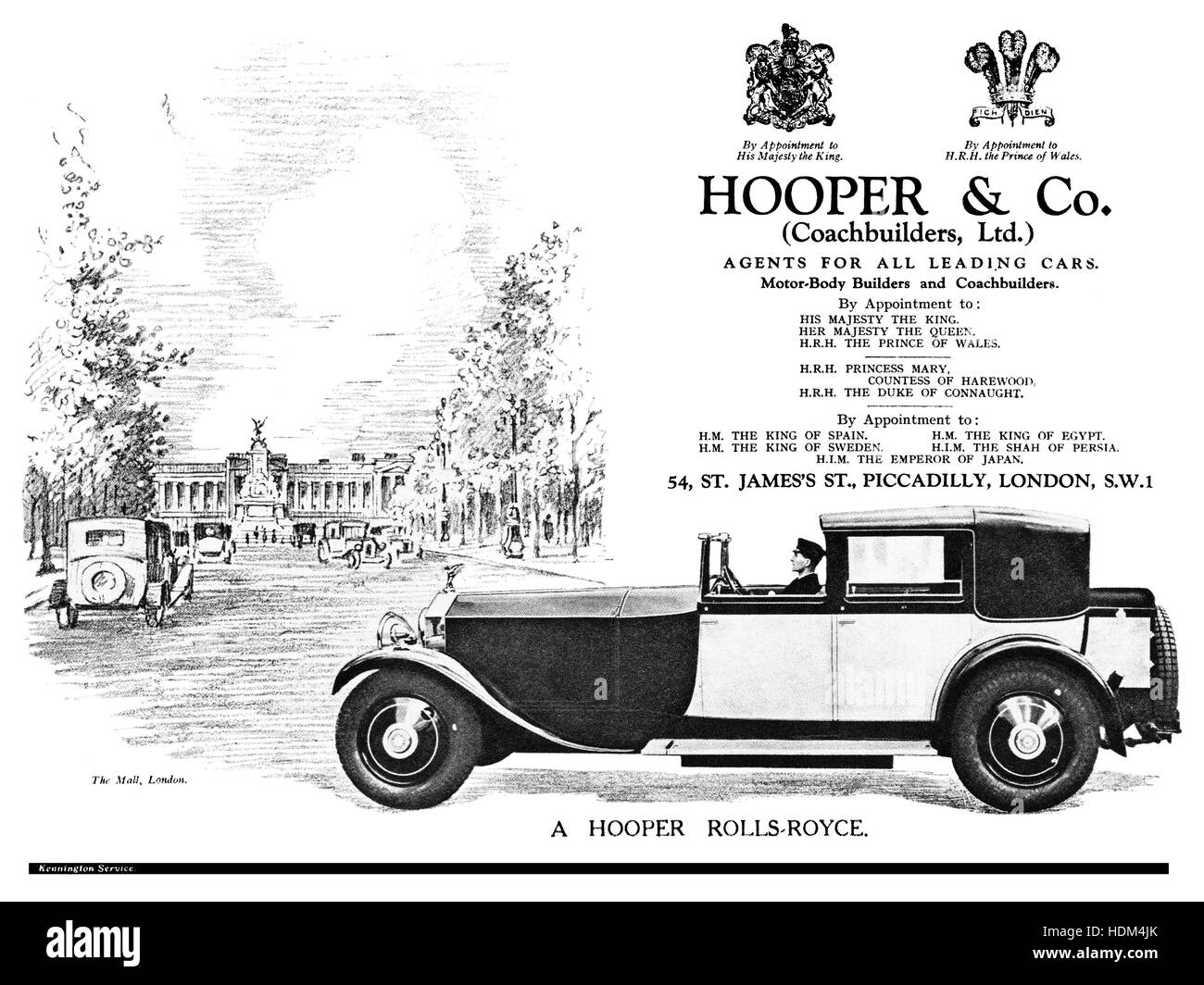 1929 britische Werbung für Hooper & Co. (Karosseriebauer, Ltd.), zeigt einen Rolls-Royce mit Hooper Karosserie. Stockfoto