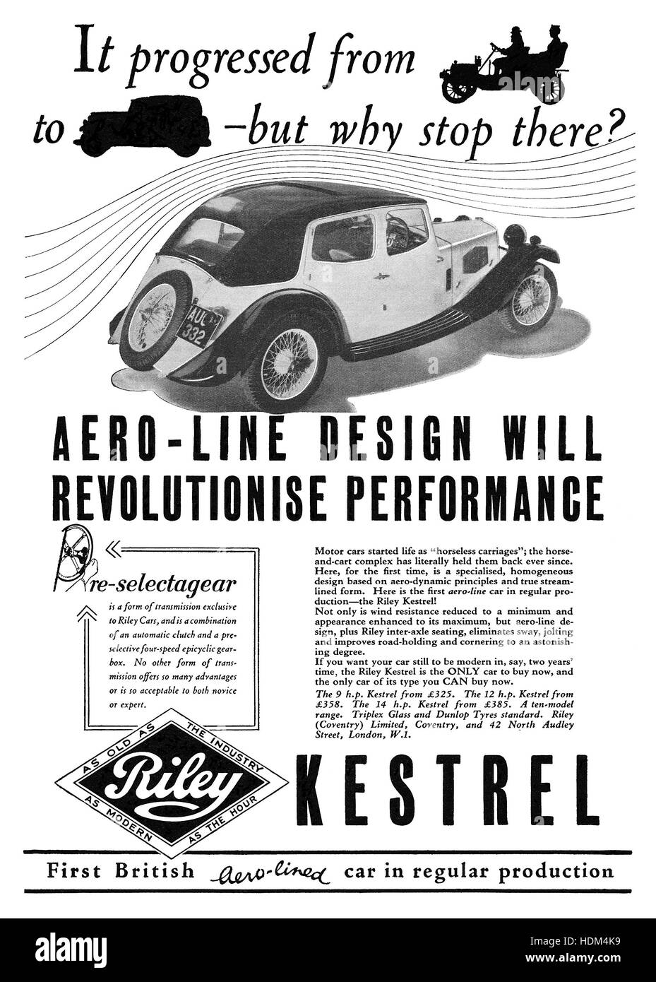 1934 britische Werbung für das Riley Kestrel Auto Stockfoto