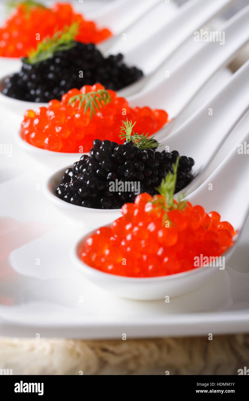 roten und schwarzen Kaviar close-up in weißen Löffel. Vertikal Stockfoto