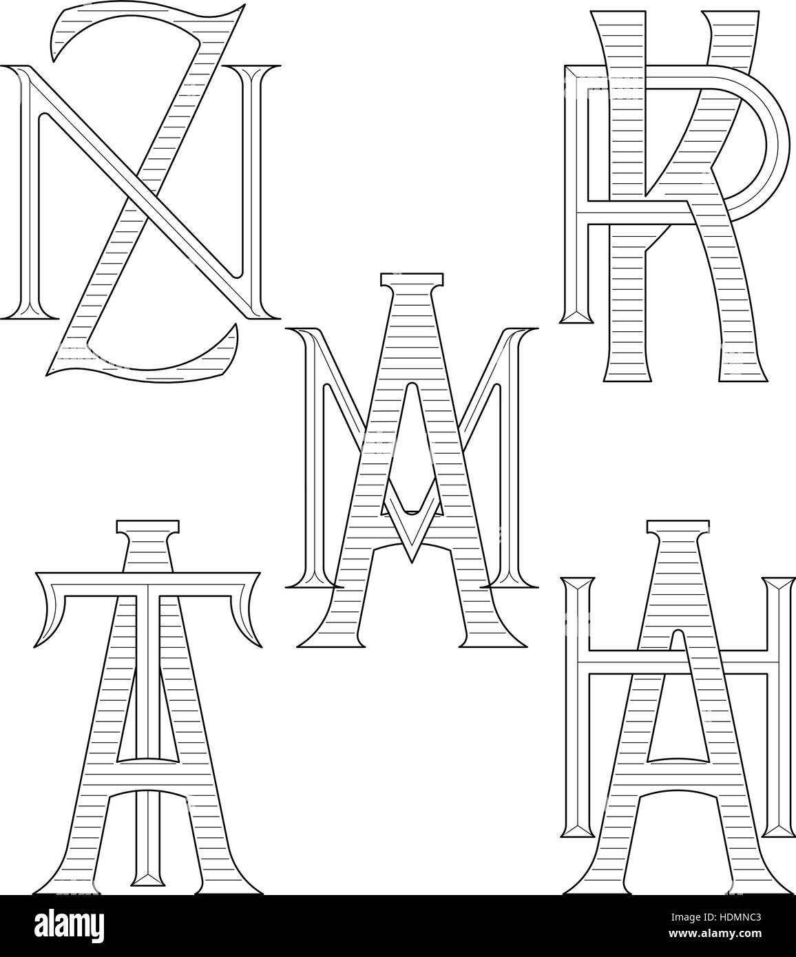 Reihe von eleganten Monogramme mit zwei Buchstaben. ZN KR BIN AT AH. Monogramm-Logo-Identität für Autor, Fotograf, Restaurant, Hotel, Heraldik, Schmuck. Stock Vektor