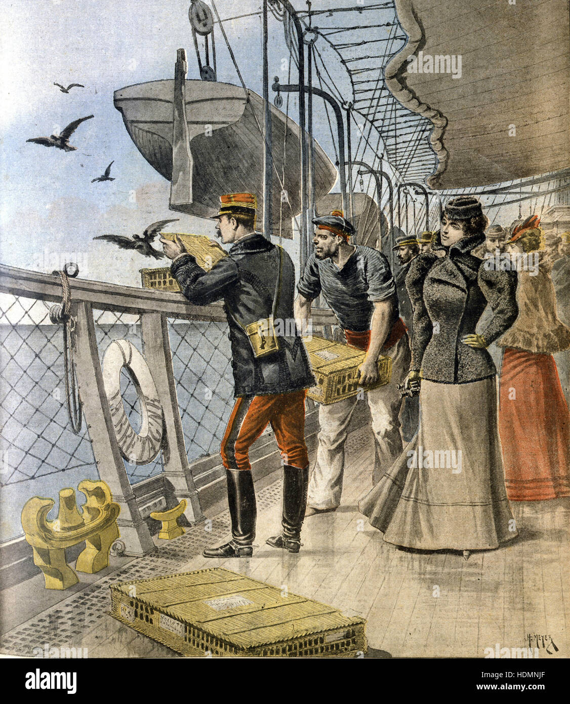"Le Petit Journal", Paris, 10. April 1898. -Freigabe der französischen Armee Brieftauben an Bord der transatlantischen Liner "La Bretagne" zwischen Le Havre und New York Stockfoto