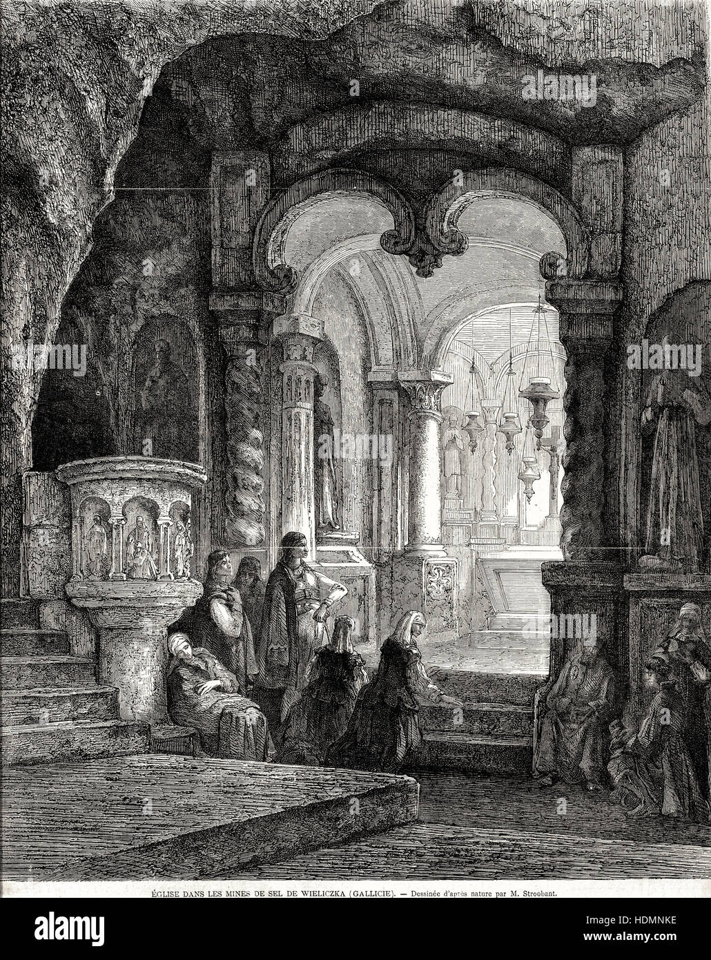 Abbildung 1862 Kirche Gravur in das Salzbergwerk Wieliczka Stockfoto