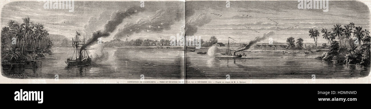Abbildung 1862 Gravur der Sendung von Cochinchina - Abscheidung und Feuer Bien-Hao 18 Dezember 1861 Stockfoto