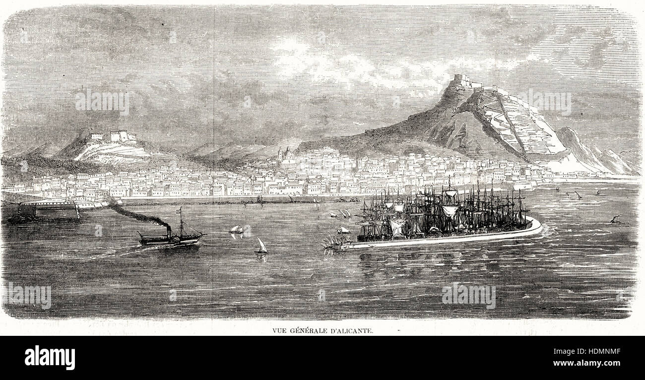 Abbildung 1862 Gravur Überblick über Alicante Stockfoto