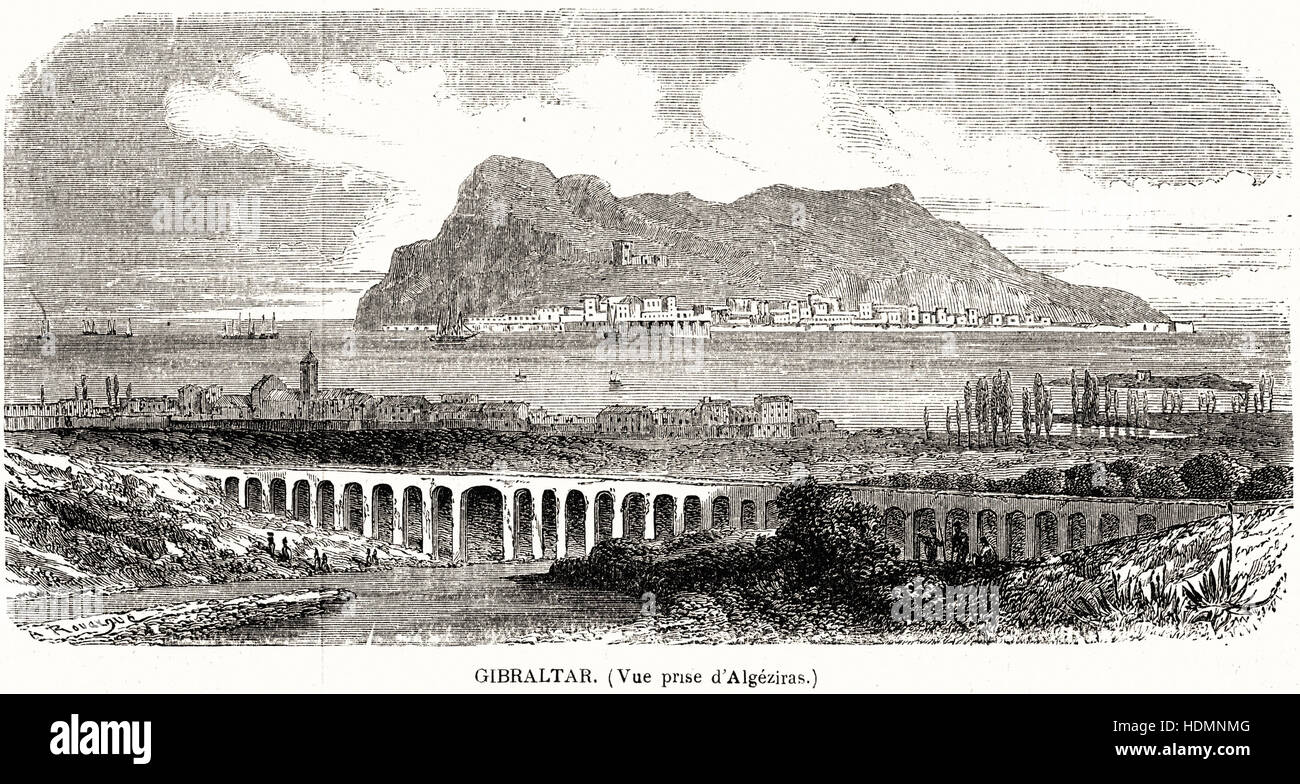 Abbildung 1862 Gravur Gibraltar Auffassung von Algeciras Stockfoto