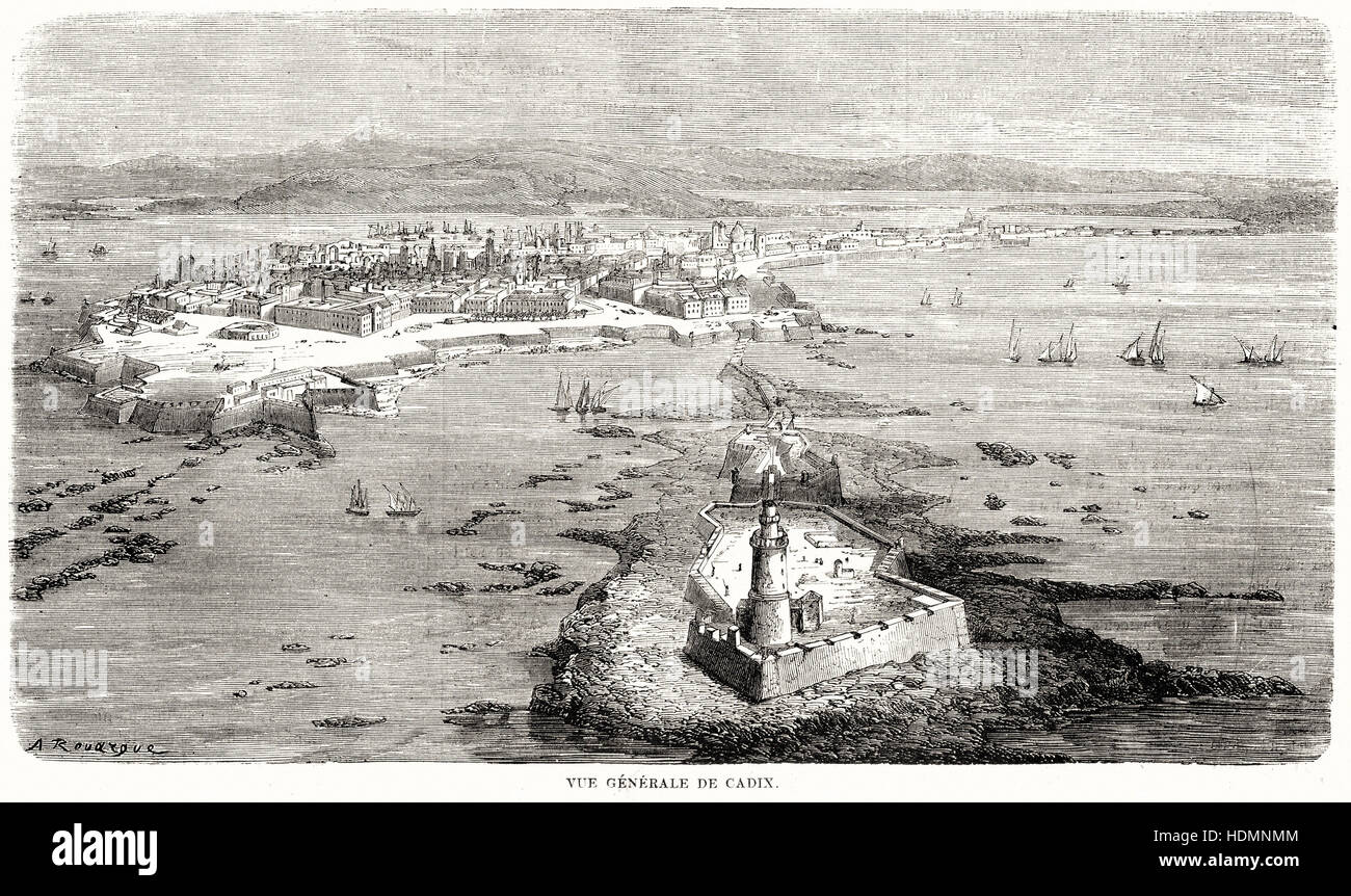 Abbildung 1862 Gravur Gesamtansicht von Cadiz Stockfoto