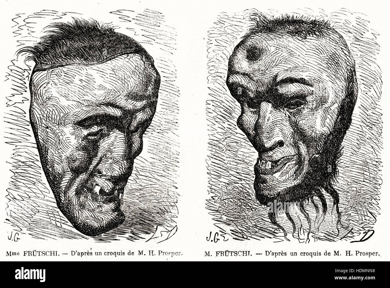 Abbildung 1862 Gravuren Masken von Frau und Herrn Frütschi Stockfoto