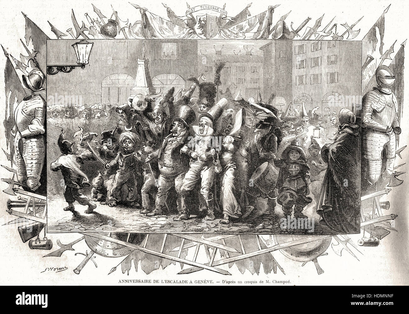 Abbildung 1862 Gravur Jubiläum der Escalade in Genf, 12 Dez 1861 Stockfoto