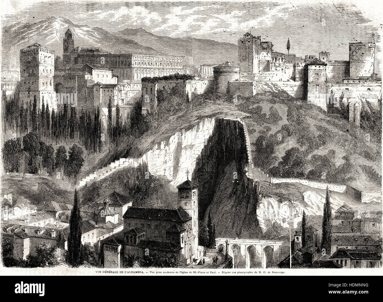 Abbildung 1862 Gravur Gesamtansicht der Alhambra Stockfoto