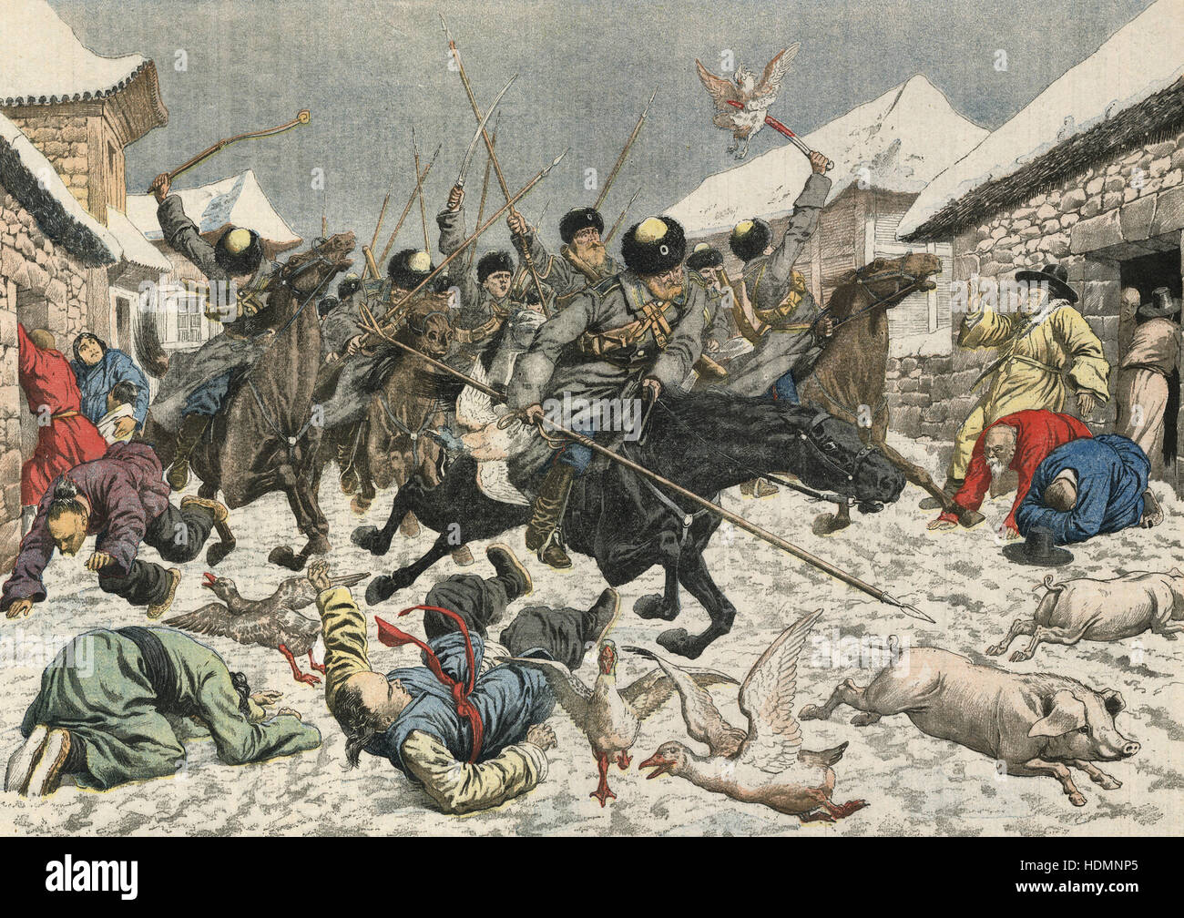 "Le Petit Journal" - Russo-Japanischen Krieg 1904-1905, russische Cossaks durch einen koreanischen Dorf plündern. Stockfoto