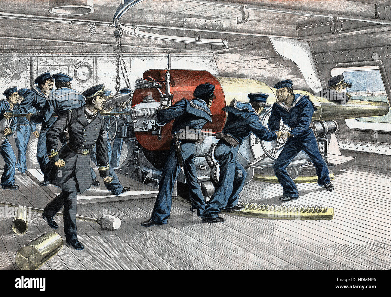 "Le Petit Journal" - Russisch-Japanischen Krieg 1904 - 1905 - Szene an der Pistole deck eines japanischen Kriegsschiffes in Aktion. Stockfoto