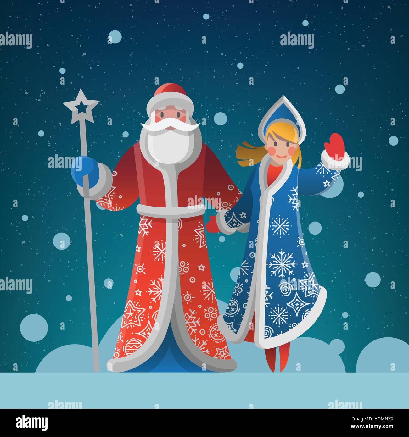 Neujahrs-Grußkarte mit Cartoon Väterchen Frost und Schnee Maiden. Weihnachts-Geschenk-Karte mit Santa Claus. Winter Urlaub Weihnachten Postkarte mit Ded Moroz ein Stock Vektor